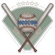 Logo Baseball type ancien : 2 battes croisées, 1 balle avec un terrain en fond