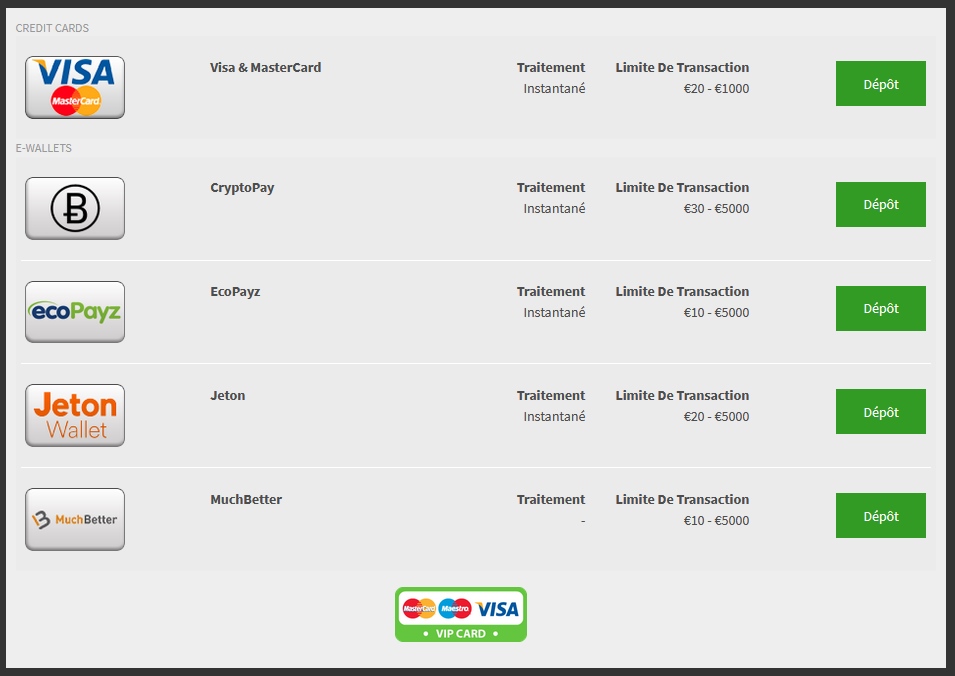 Les nombreuses options de paiement offertes par le site